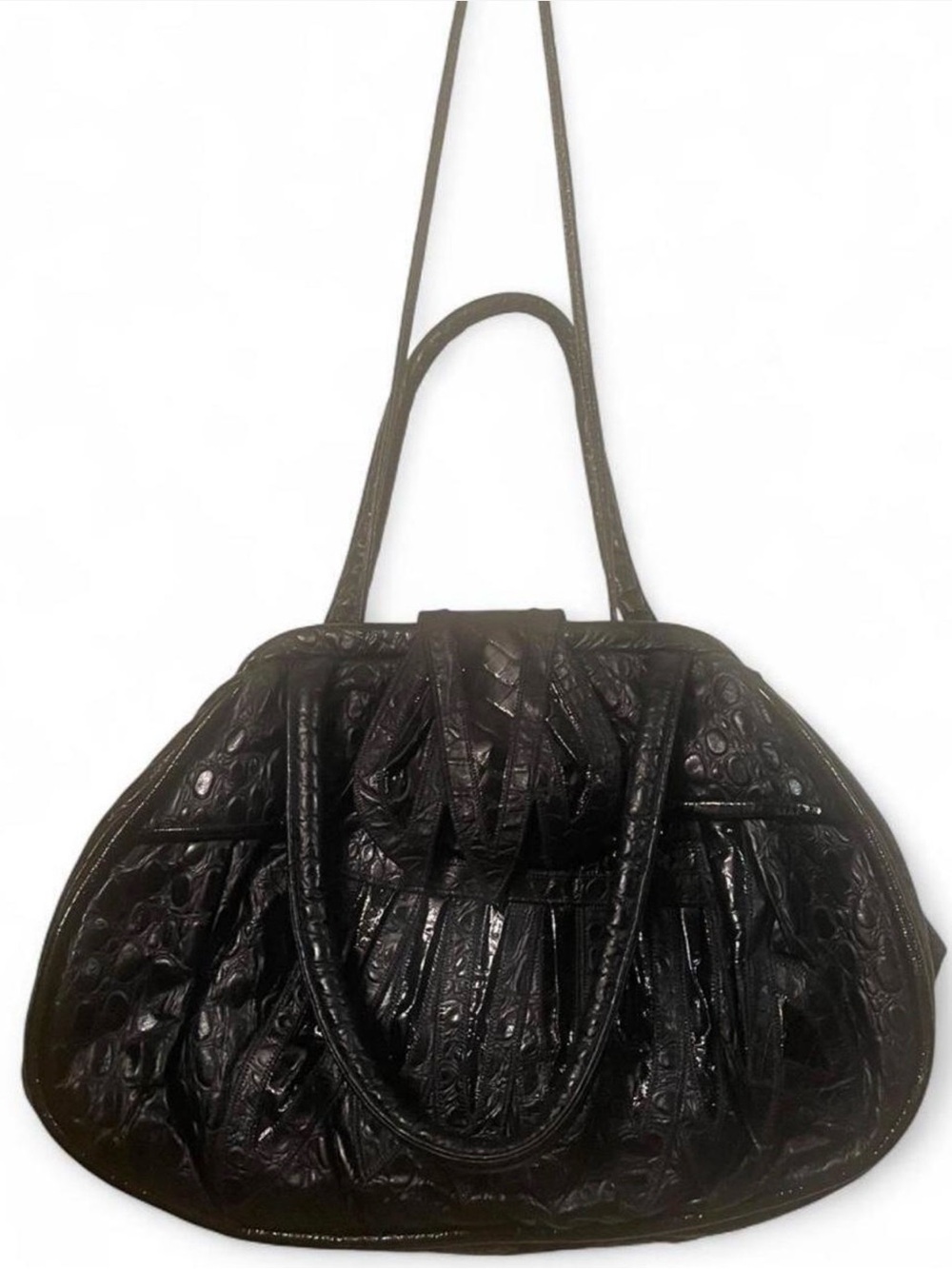 Vintage 80s Black Genuine Leather Patchwork Frame Shoulder Bag